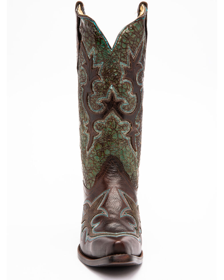 Corral Distressed Turquoise & Chocolate Overlay Cowgirl Boots - Snip