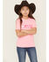 Image #1 - Ariat Girls' Boot Barn Exclusive Cowhide Logo Short Sleeve Graphic Tee, Pink, hi-res