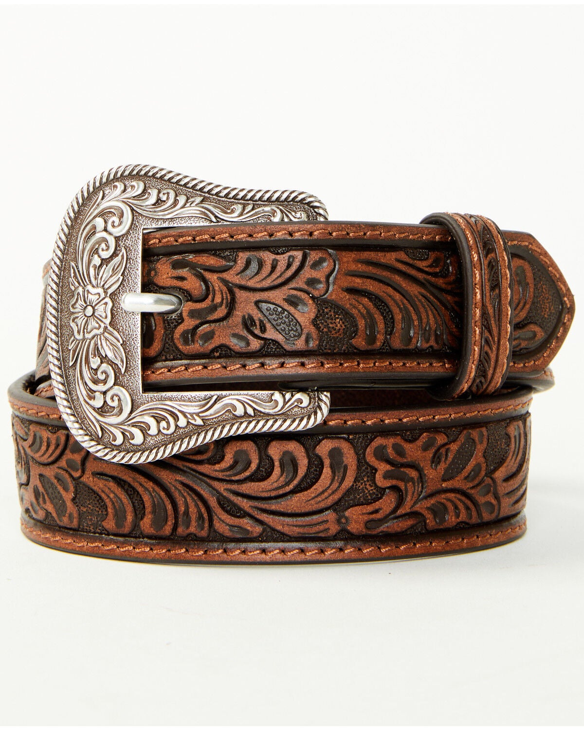 Shyanne Girls' Floral Tooled Belt, Dark Brown, hi-res