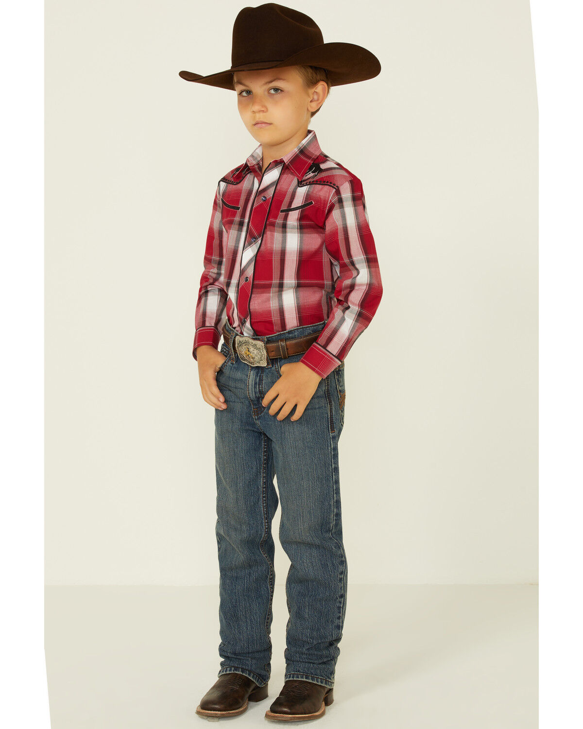 Image #2 - Roper Boys' Plaid Print Embroidered Bull Yoke Long Sleeve Snap Western Shirt, Red, hi-res