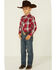 Image #2 - Roper Boys' Plaid Print Embroidered Bull Yoke Long Sleeve Snap Western Shirt, Red, hi-res