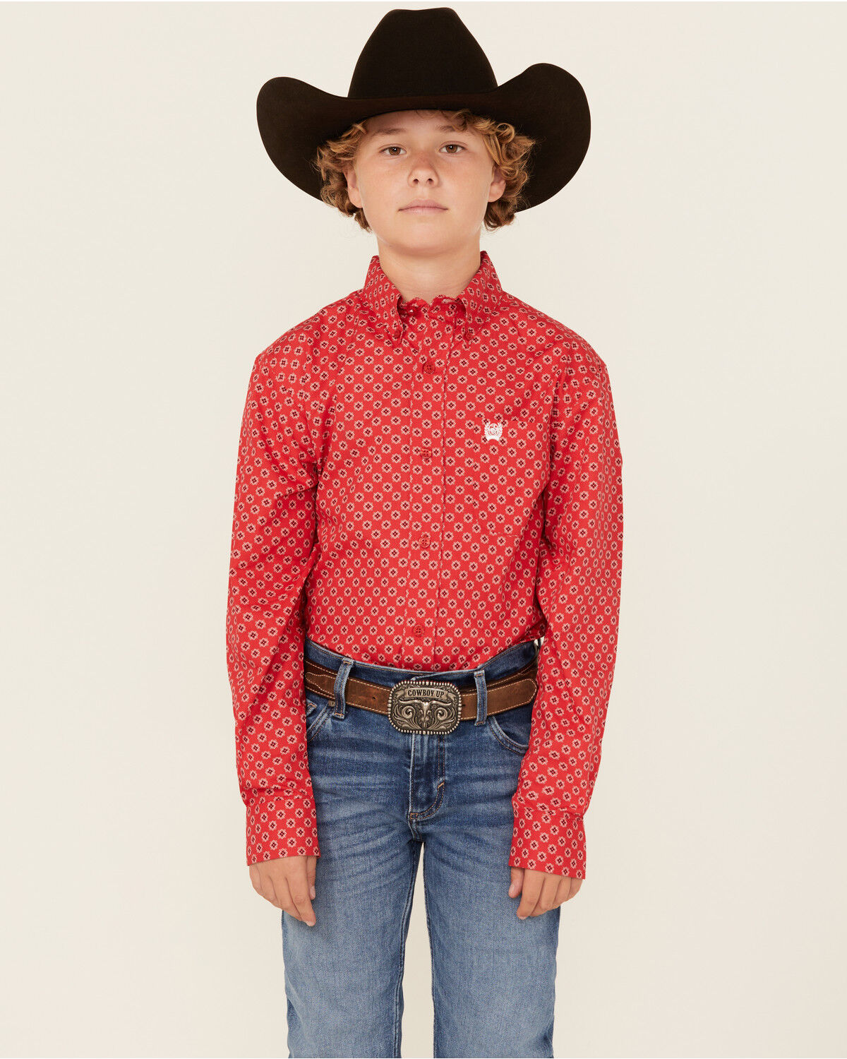 Image #1 - Cinch Boys' Geo Print Long Sleeve Western Shirt, Red, hi-res