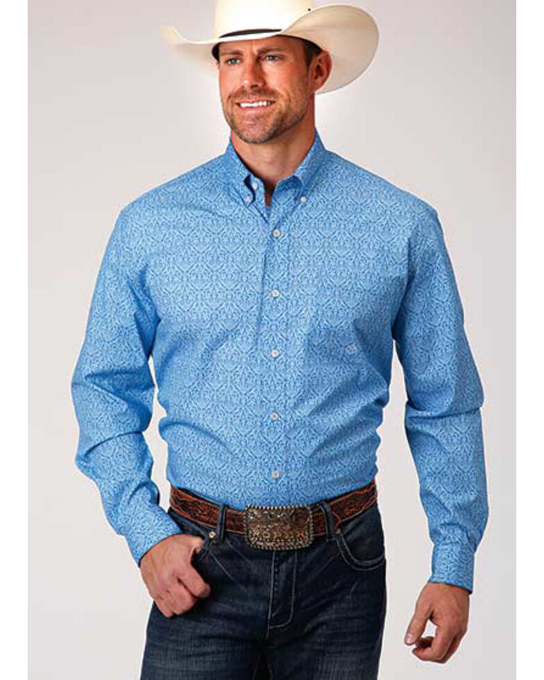 Amarillo Men's Dusk Wallpaper Print Long Sleeve Western Shirt , Blue, hi-res