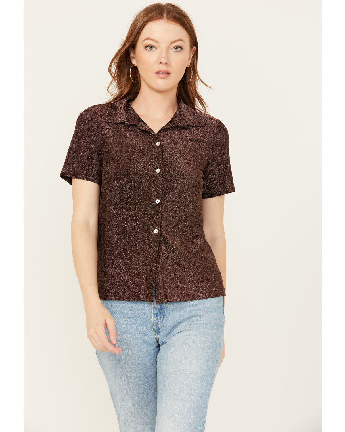 Image #1 - Molly Bracken Women's Short Sleeve Button-Down Shirt, Brown, hi-res