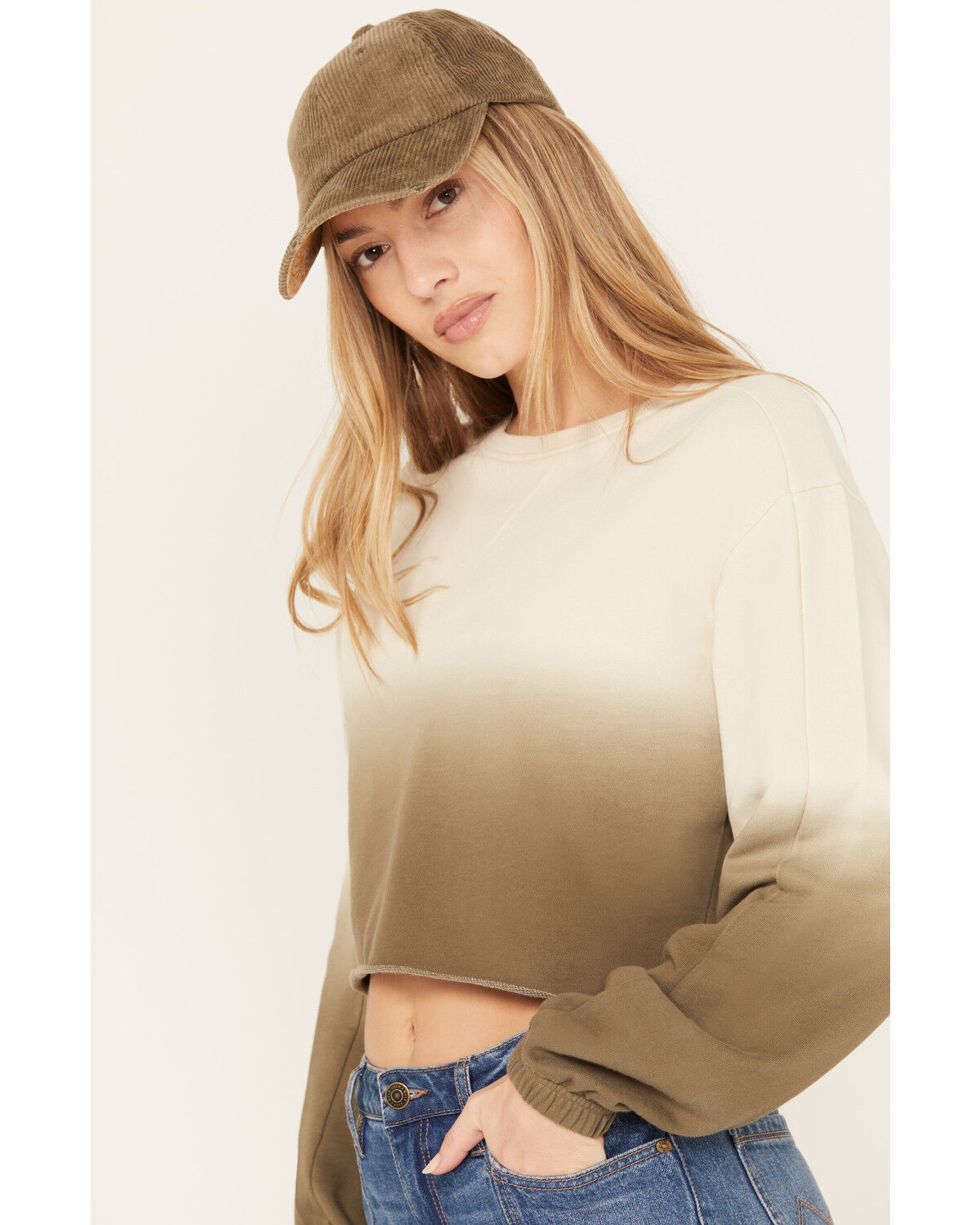 Image #2 - Cleo + Wolf Women's Ombre Cropped Dolman Sweatshirt, Sage, hi-res