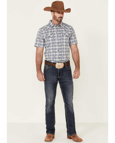 Image #2 - Moonshine Spirit Men's Cacti Med Plaid Print Short Sleeve Pearl Snap Western Shirt , Navy, hi-res