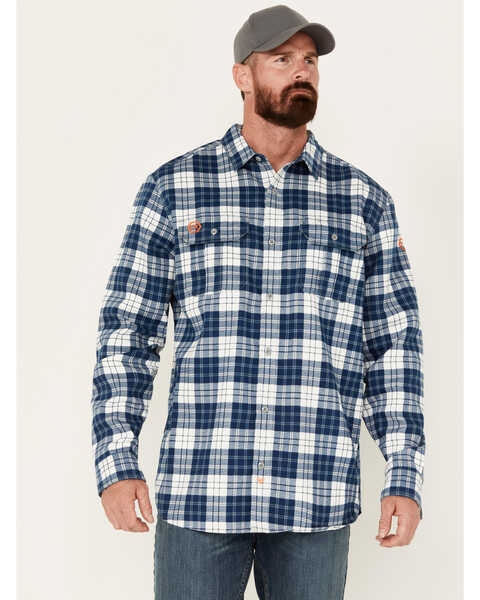 Image #1 - Hawx Men's FR Plaid Print Lightweight Button-Down Work Shirt, Blue, hi-res