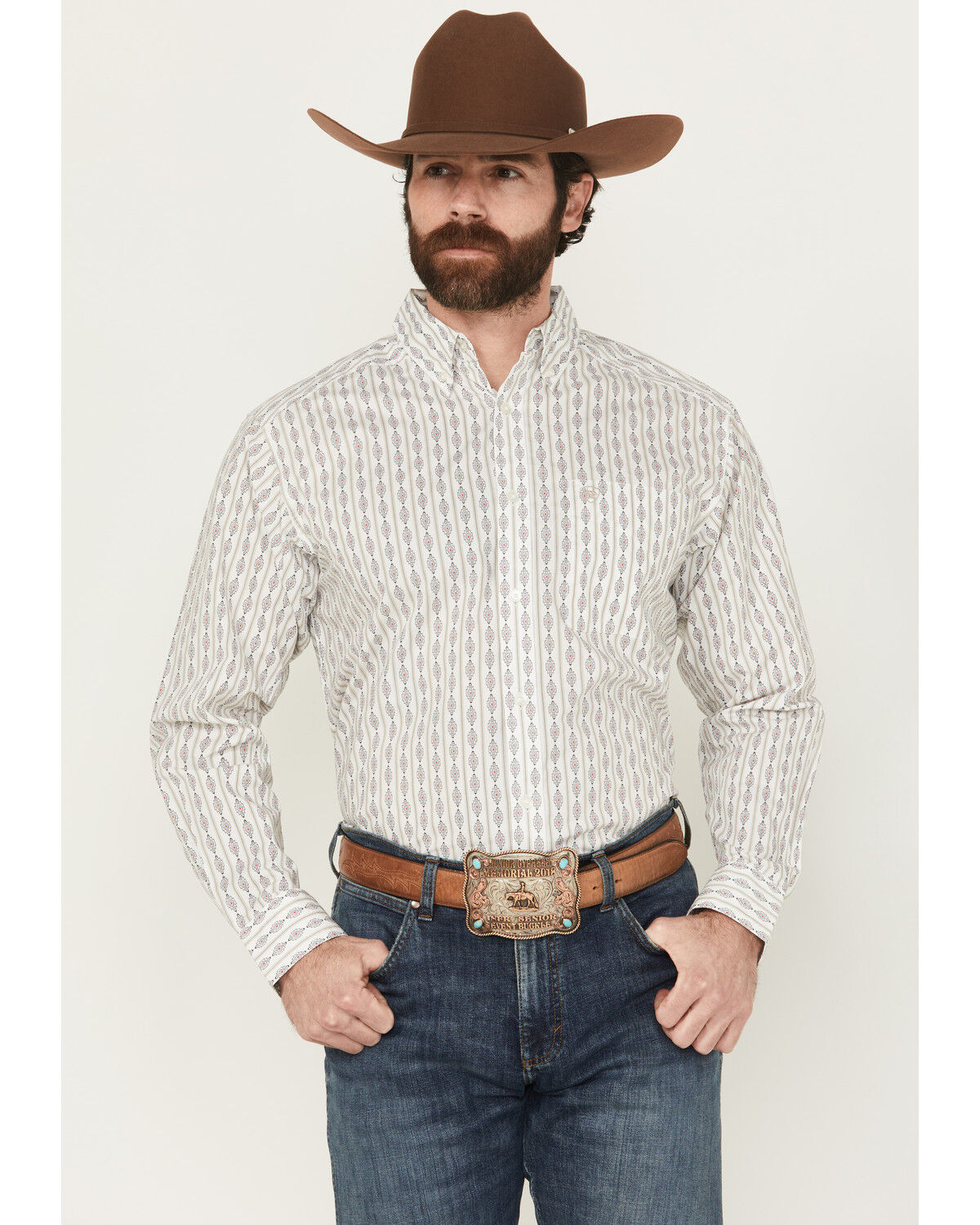 Image #1 - Ariat Men's William Geo Striped Print Long Sleeve Button-Down Western Shirt, White, hi-res