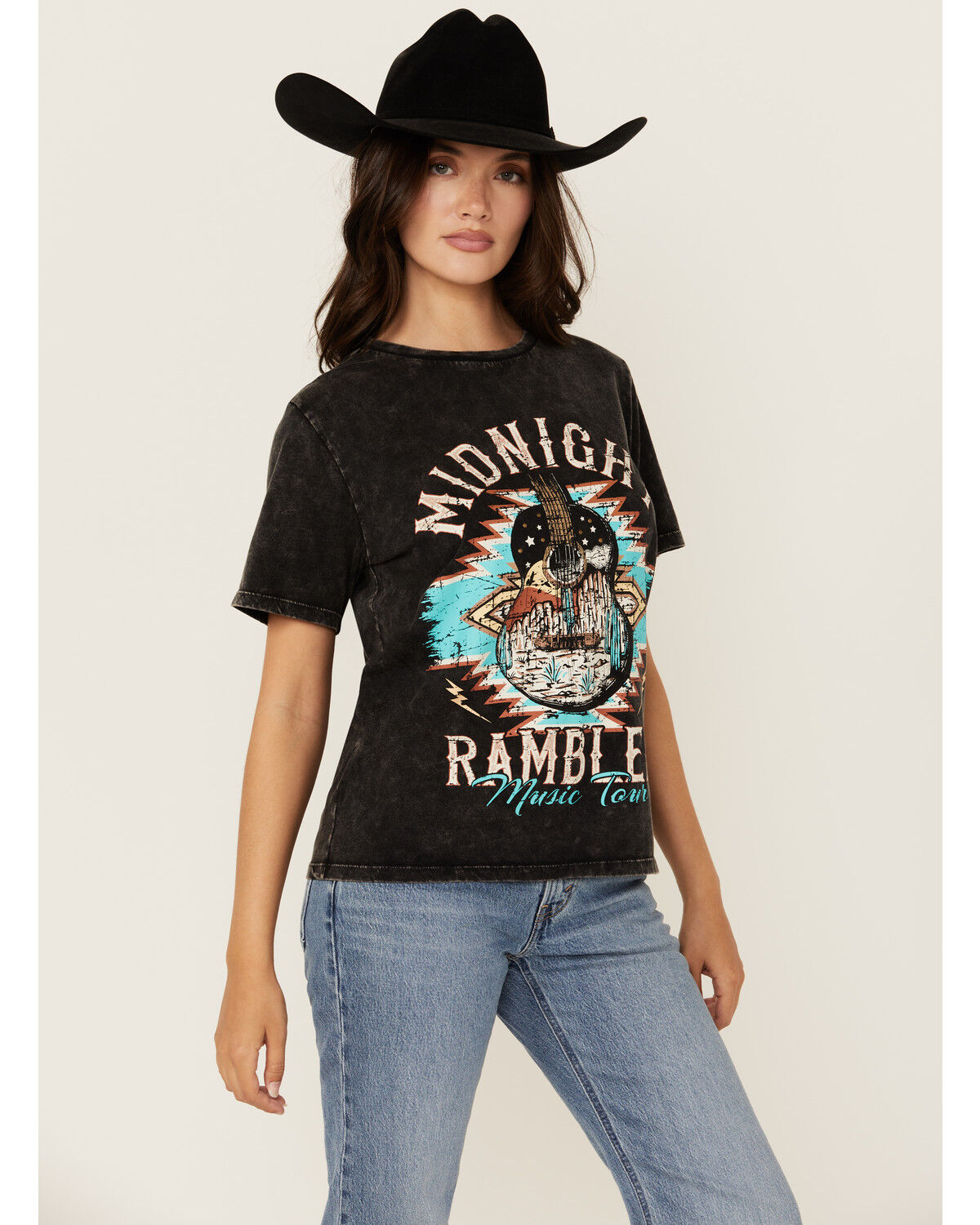 Image #1 - Rock & Roll Denim Women's Midnight Short Sleeve Graphic Tee, Black, hi-res