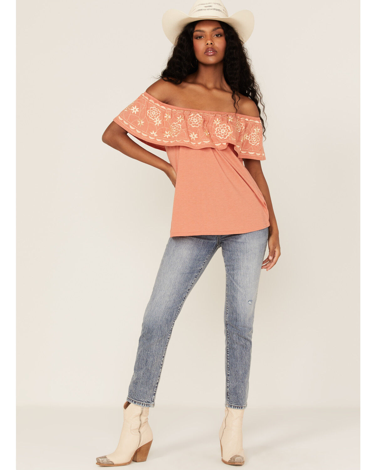 Image #2 - Panhandle Women's Embroidered Flounce Off Shoulder Top, Orange, hi-res