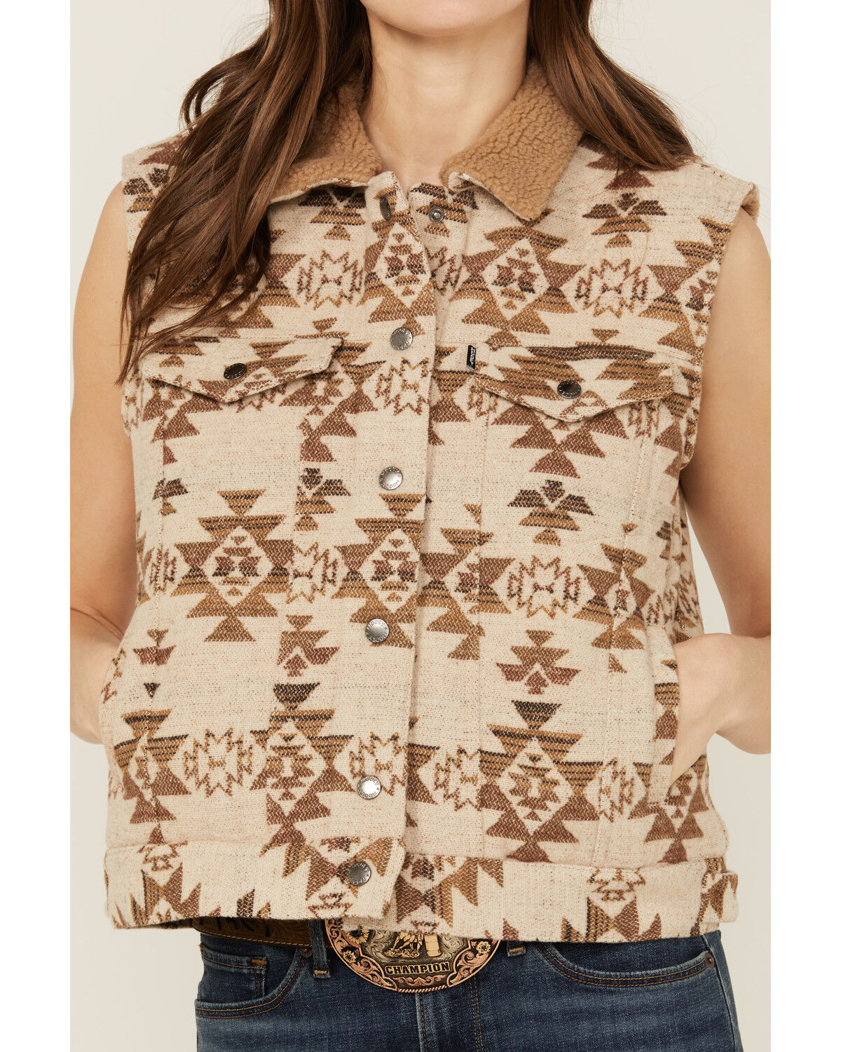 Image #3 - Hooey Women's Southwestern Print Sherpa Lined Vest, Tan, hi-res