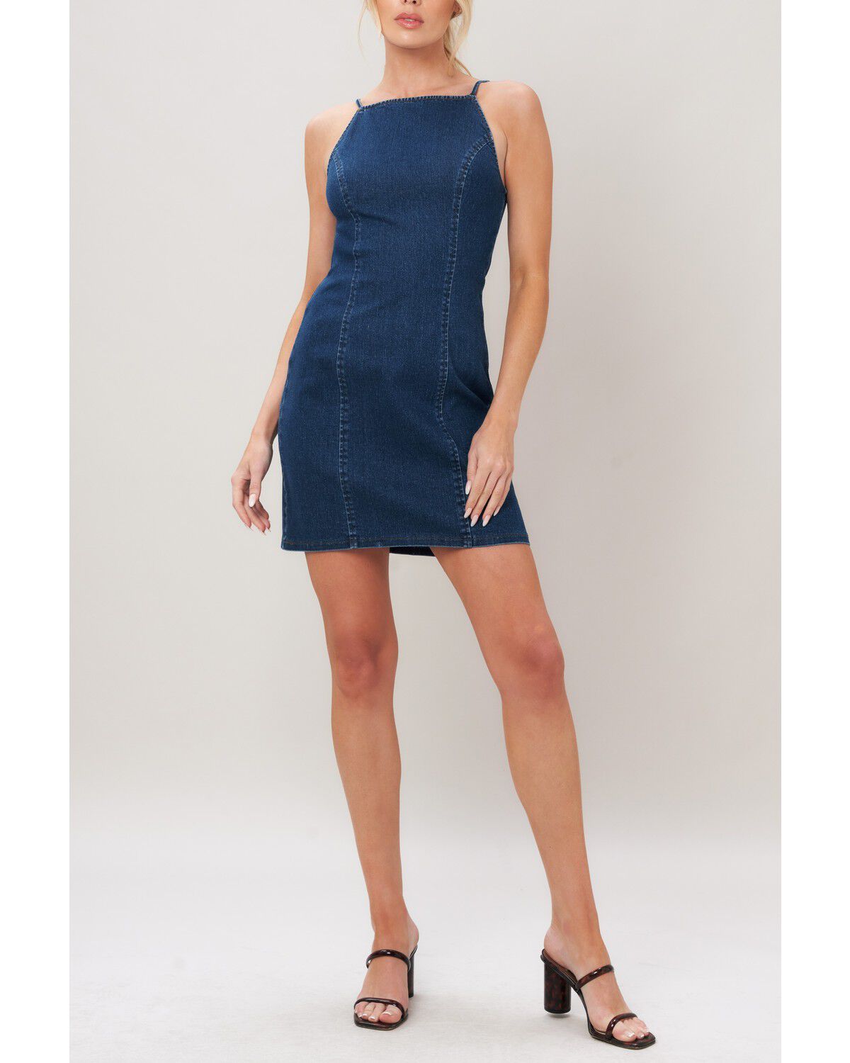 Flying Tomato Women's Second Skin Denim Mini Dress, Medium Wash, hi-res
