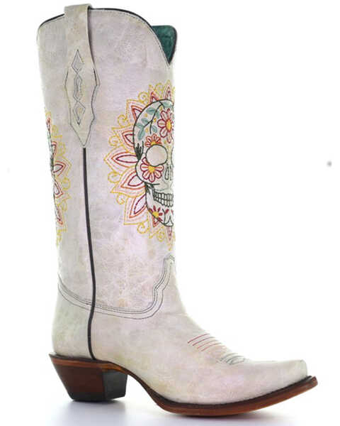 Image #1 - Corral Women's Embroidered Floral Skull Tall Western Boots - Snip Toe, White, hi-res