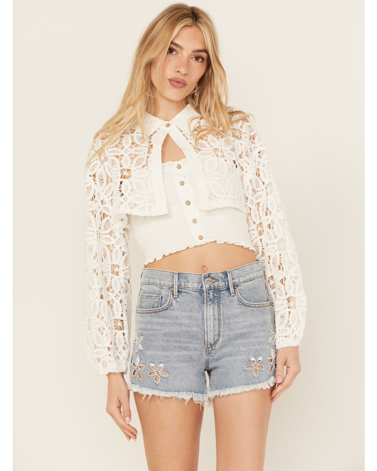 Image #1 - Miss Me Women's Lace Long Sleeve Button-Down Shirt, White, hi-res