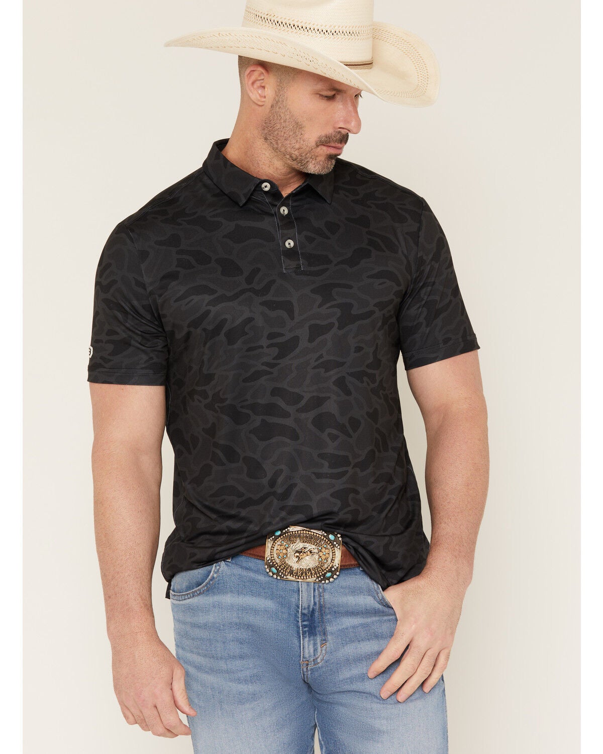 Image #1 - Burlebo Men's Camo Print Short Sleeve Button-Down Stretch Polo Shirt, Black, hi-res