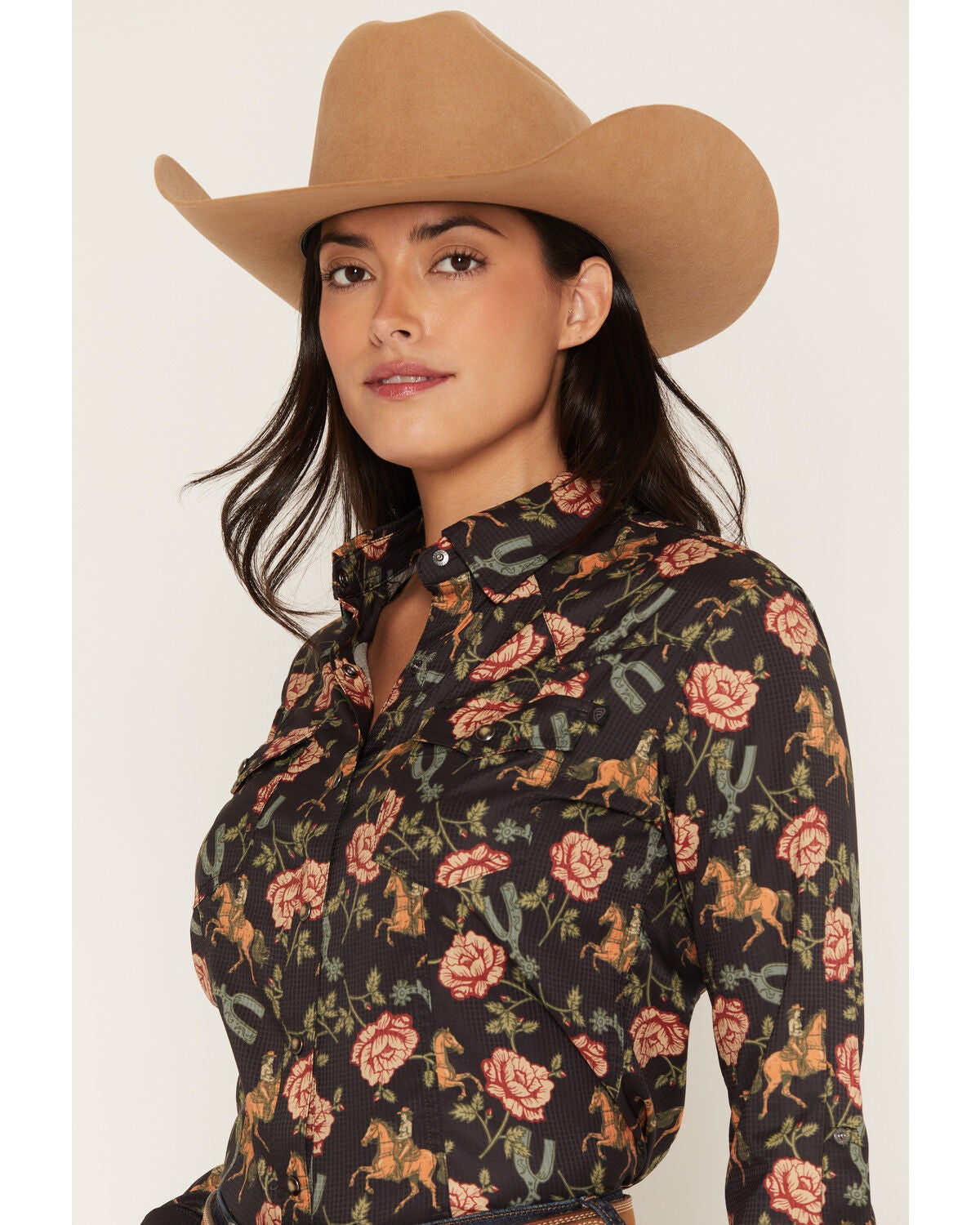 Image #2 - Rock & Roll Denim Women's Spur Floral Print Long Sleeve Snap Tek Western Shirt, Black, hi-res