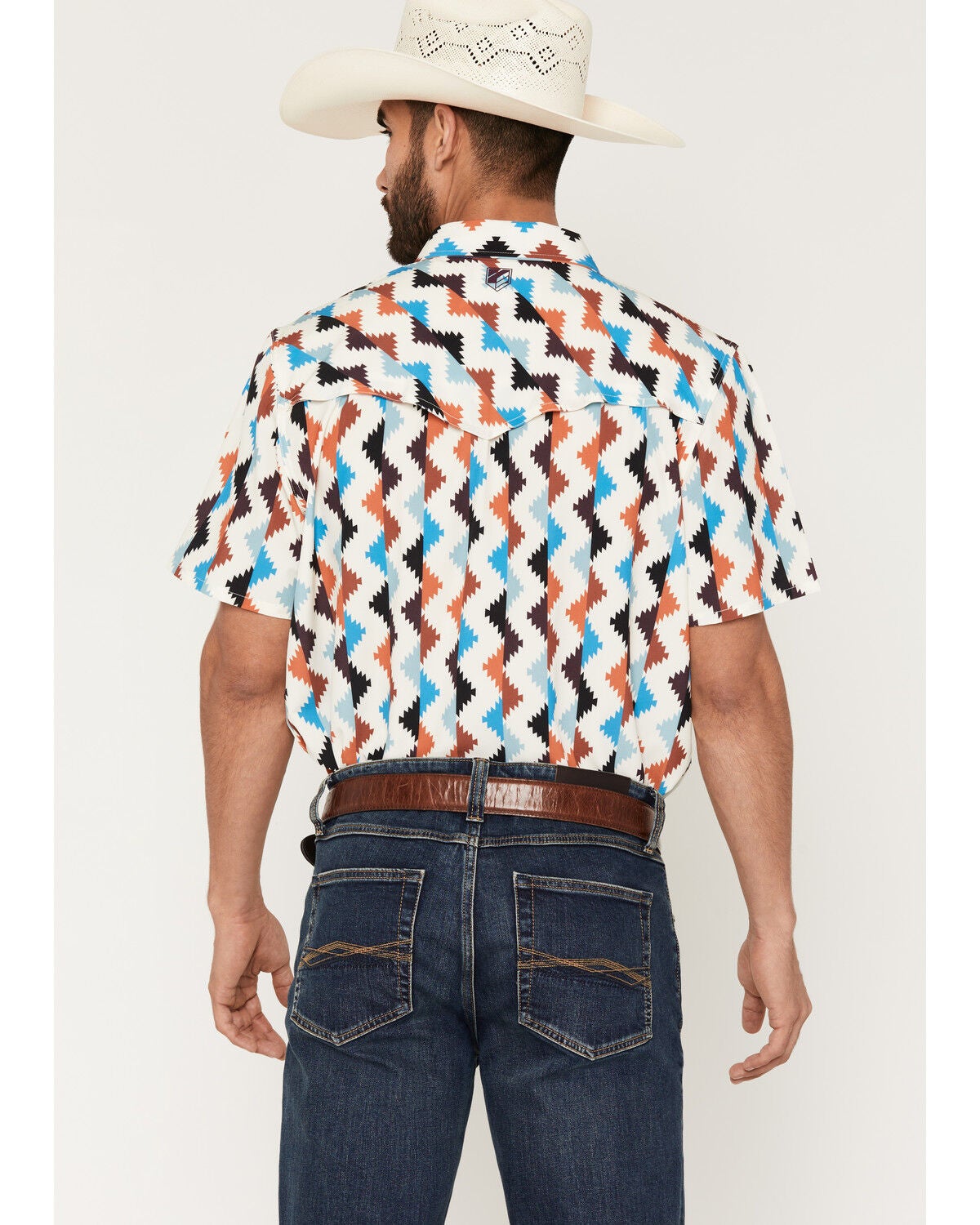 Image #4 - RANK 45&reg; Men's Zig Zag Southwestern Stripe Print Rodeo Tech 2.0 Short Sleeve Snap Stretch Western Shirt, Blue, hi-res
