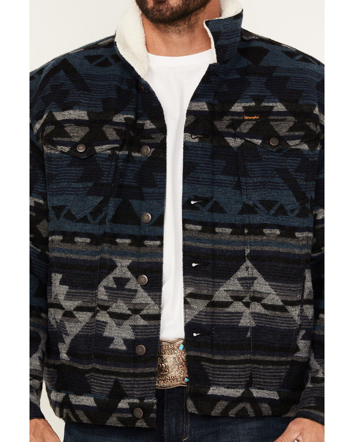 Image #3 - Wrangler Men's Southwestern Print Sherpa Lined Jacket, Navy, hi-res
