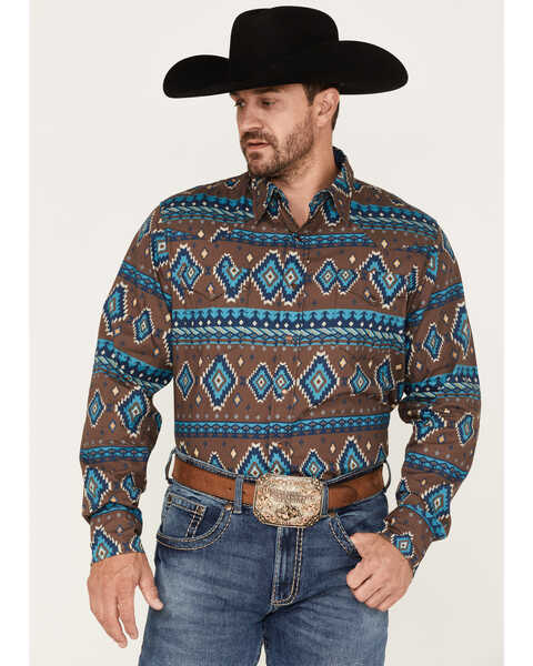 Roper Men's Southwestern Print Long Sleeve Snap Western Shirt, Brown, hi-res