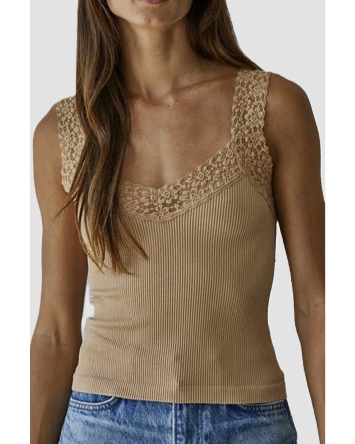 Image #1 - By Together Women's Lace Trim Ribbed Tank, Tan, hi-res