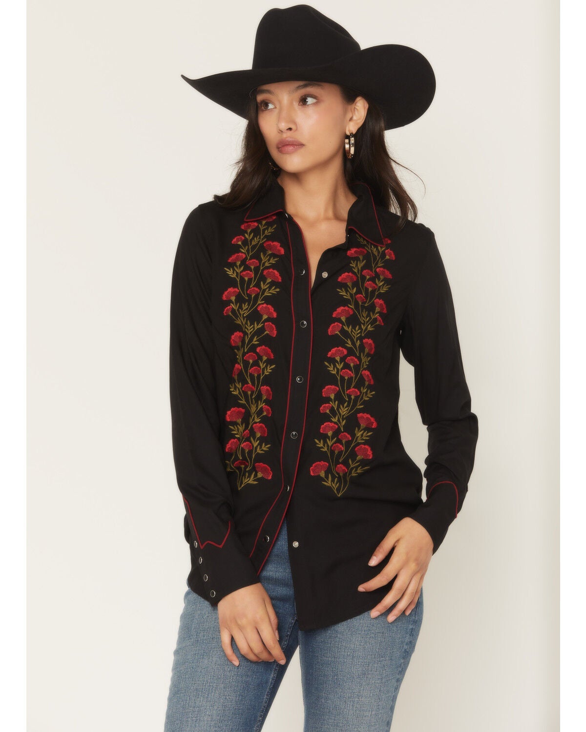 Rock Roll Denim Women's Floral Embroidered Retro Snap Western