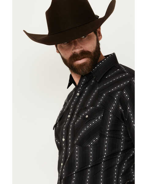 Image #2 - Ely Walker Men's Southwestern Striped Print Long Sleeve Pearl Snap Western Shirt, Black, hi-res
