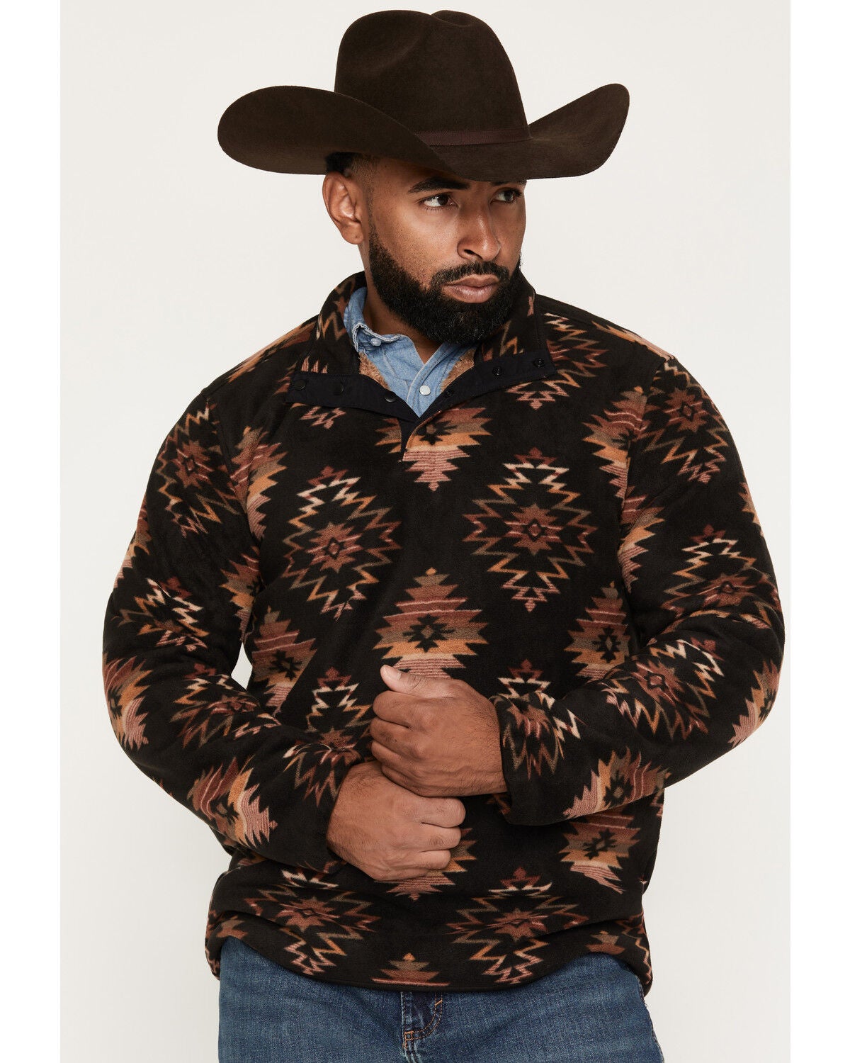 Image #1 - Cody James Men's Saddleback Southwestern Print Polar Fleece 1/4 Snap Pullover, Black, hi-res