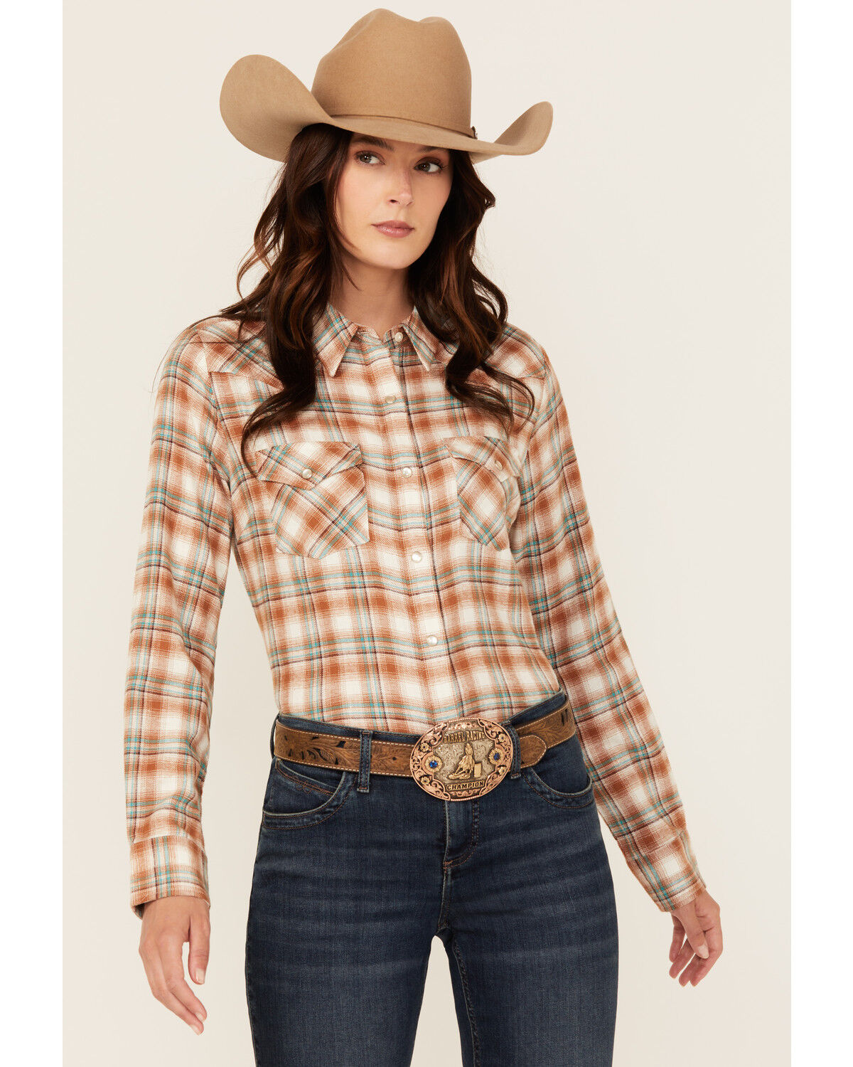 Image #1 - Wrangler Women's Plaid Print Long Sleeve Pearl Snap Western Shirt, White, hi-res