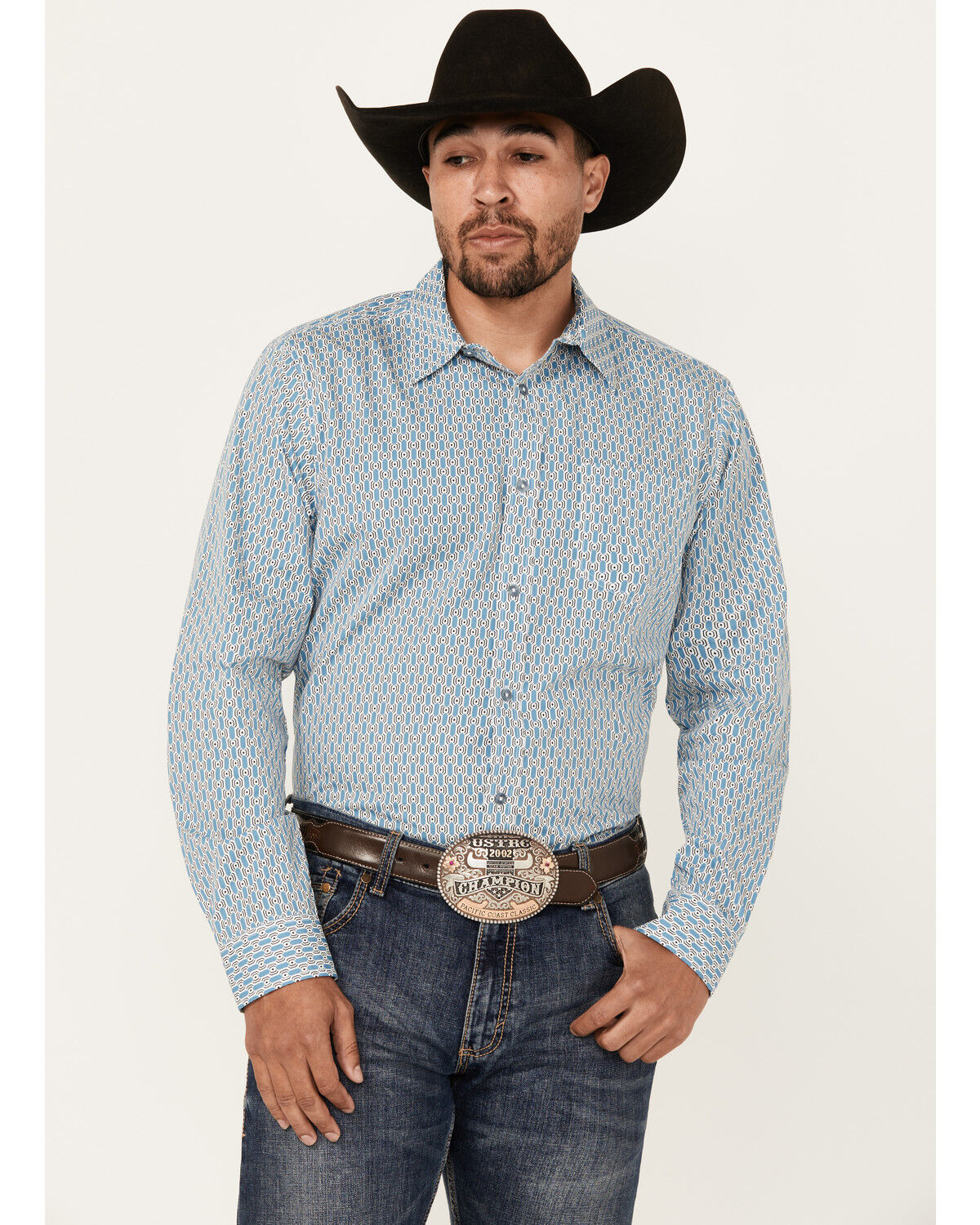 Image #1 - Gibson Trading Co Men's Bullseye Geo Print Long Sleeve Button-Down Western Shirt, Light Blue, hi-res