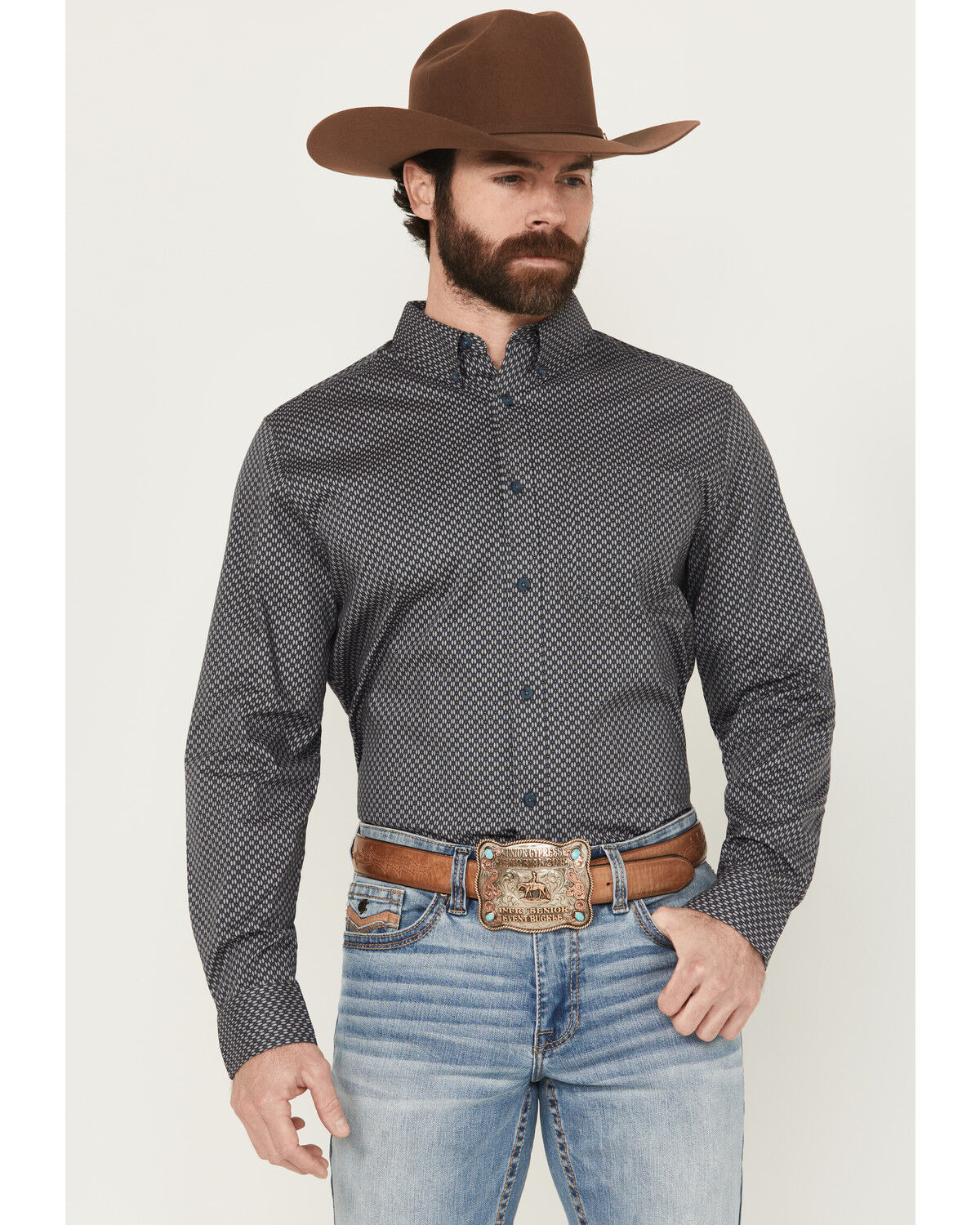 Image #1 - Cody James Men's San Juan Geo Print Long Sleeve Button-Down Stretch Western Shirt, Steel Blue, hi-res