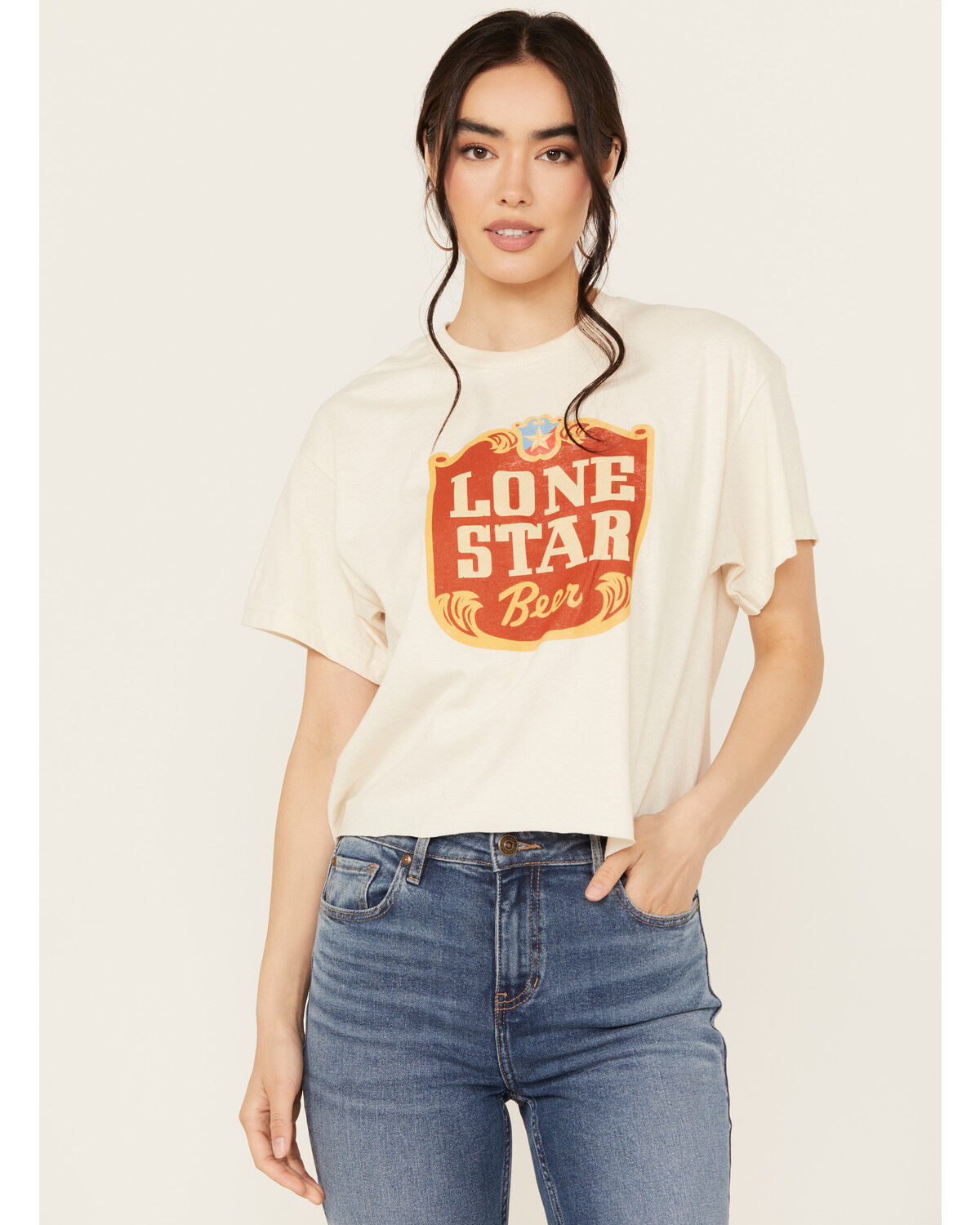 Image #1 - Brew City Beer Gear Women's Lone Star Cropped Short Sleeve Graphic Tee, Ivory, hi-res