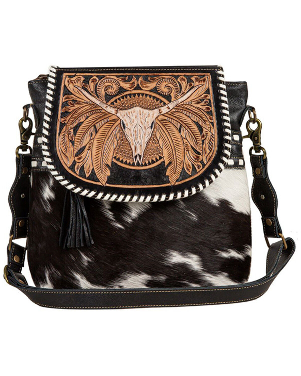Image #1 - Myra Bag Women's Spirit of the Herd Hand Tooled Crossbody Bag, Black, hi-res