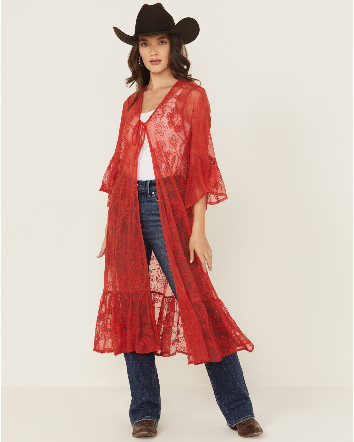 Image #1 - Shyanne Women's Tie-Front Embroidered Mesh Kimono, Red, hi-res