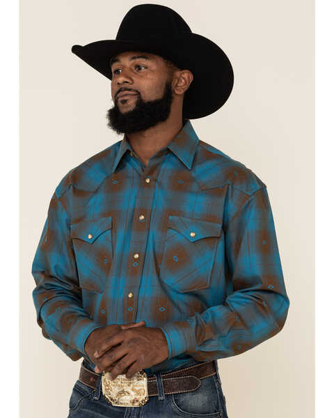 Image #1 - Rough Stock By Panhandle Men's Menlo Ombre Plaid Long Sleeve Western Shirt , Blue, hi-res