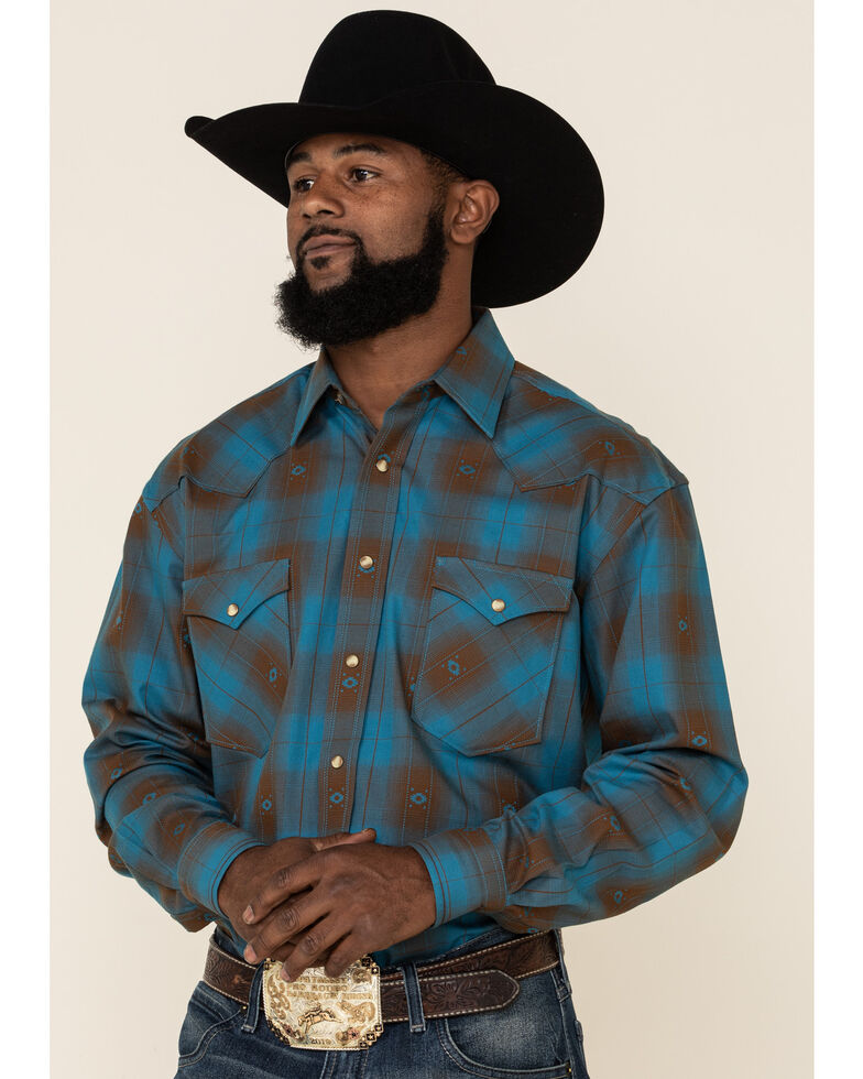 Rough Stock By Panhandle Men's Menlo Ombre Plaid Long Sleeve Western Shirt , Blue, hi-res