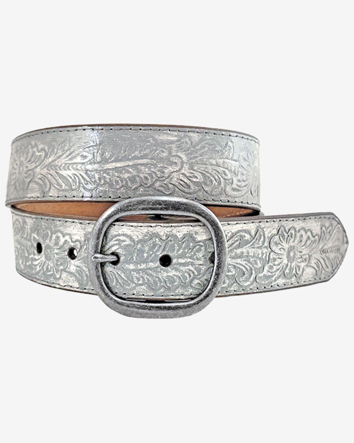 Image #1 - Roper Women's Floral Embossed Metallic Leather Belt, Silver, hi-res