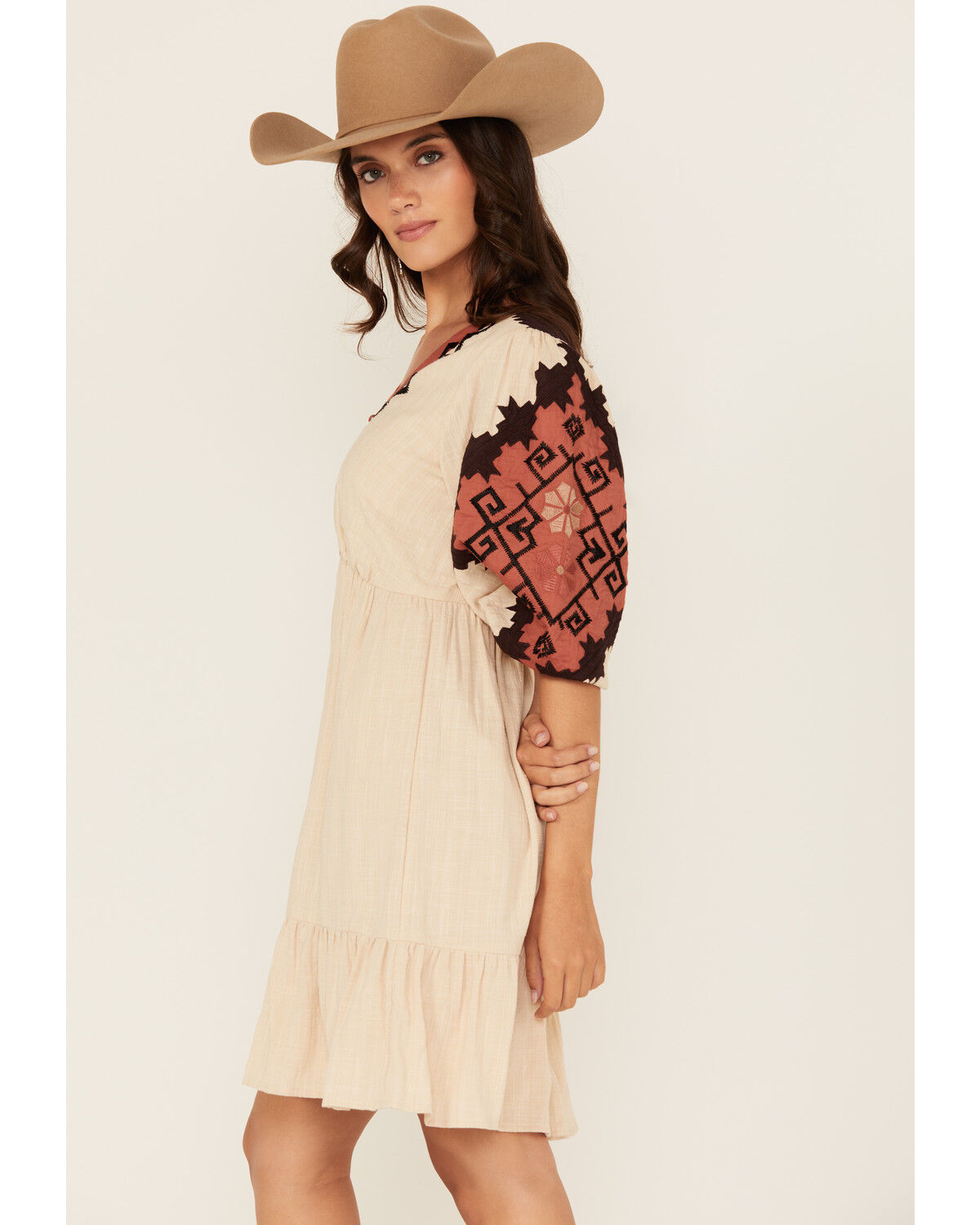 Image #2 - Shyanne Women's Embroidered Quarter Sleeve Mini Dress, Tan, hi-res