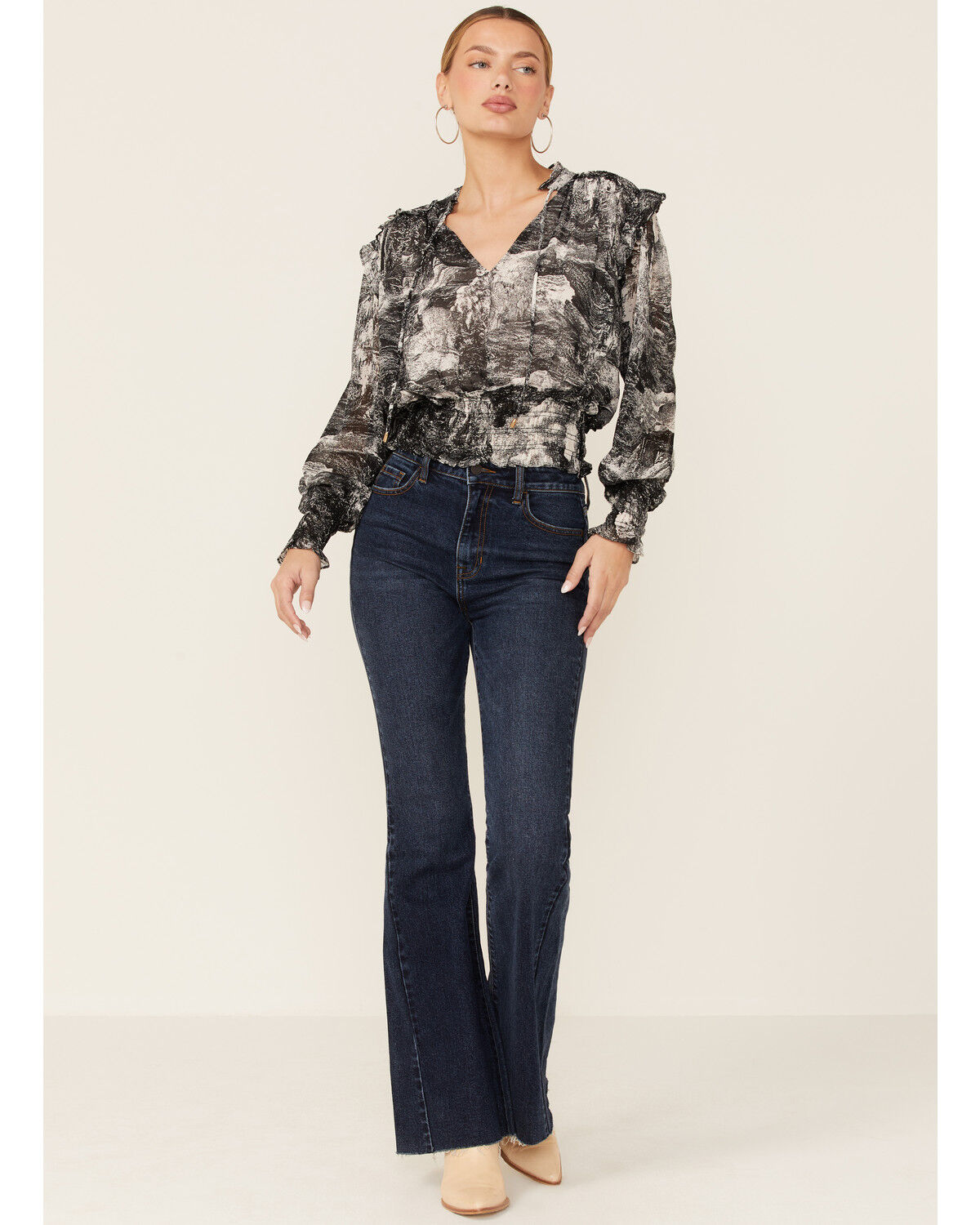 Image #2 - Revel Women's Toile Print Smocked Long Sleeve Top, Black, hi-res