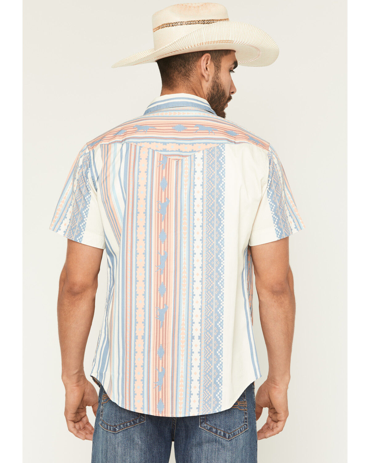 Image #4 - Sendero Provisions Men's Wyatt Serape Striped Short Sleeve Snap Western Shirt, Indigo, hi-res