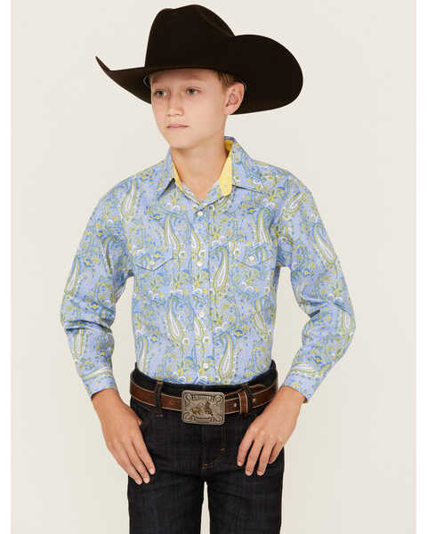 Panhandle Select Boys' Paisley Print Long Sleeve Snap Western Shirt , Light Blue, hi-res