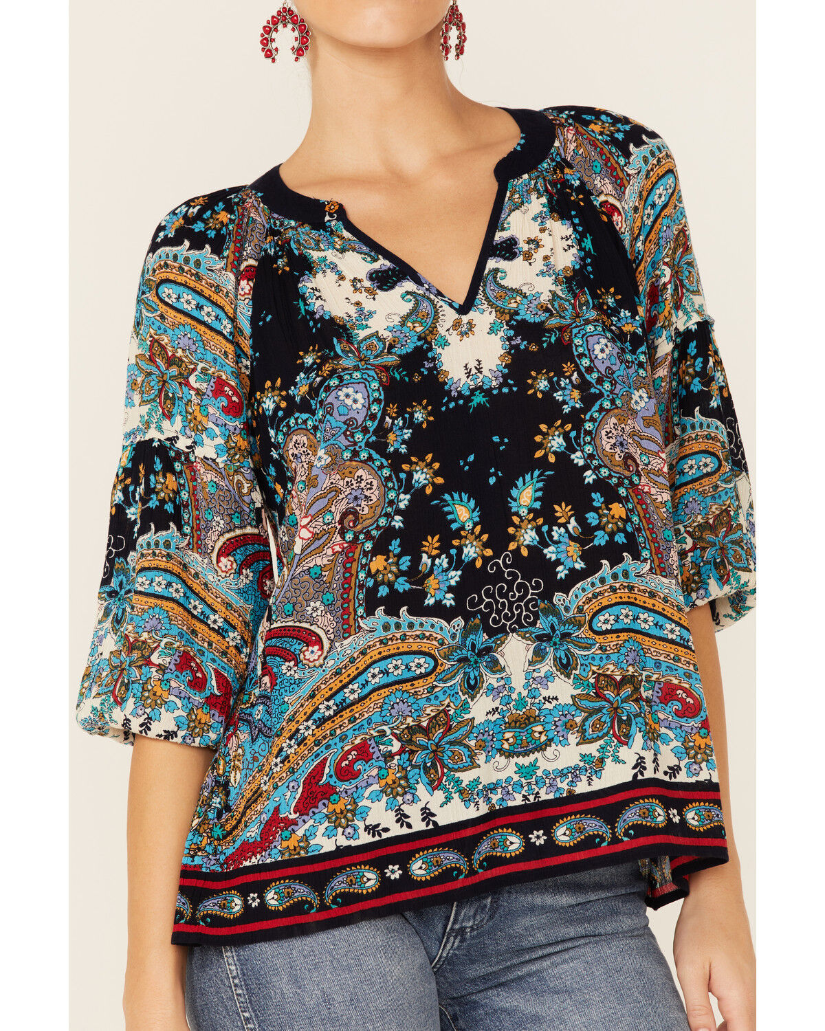 Image #2 - Bila Women's Boho Border Print V-Neckline Top, Navy, hi-res