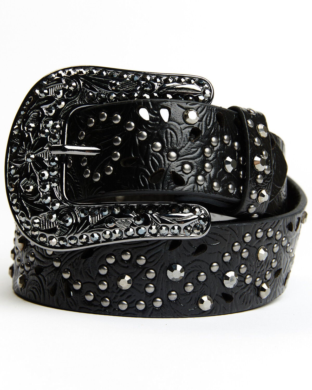 Shyanne Women's Black Floral Embossed Western Belt, Black, hi-res