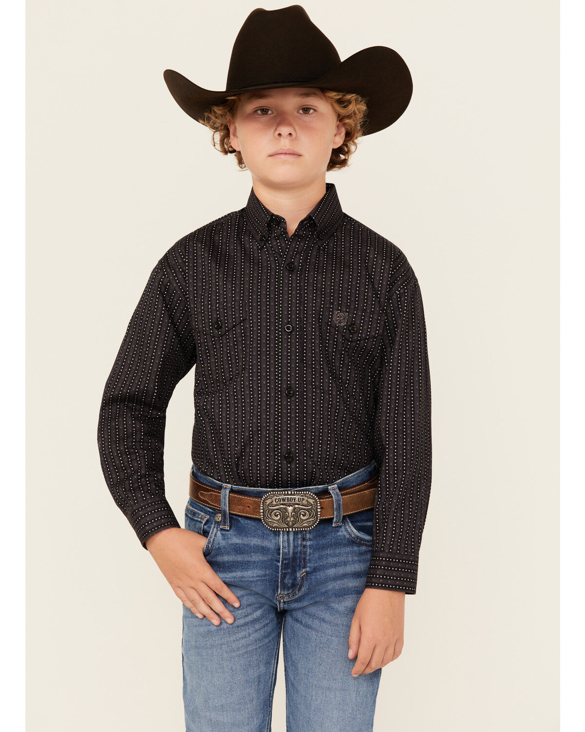 Image #1 - Panhandle Boys' Geo Print Long Sleeve Snap Western Shirt, Charcoal, hi-res
