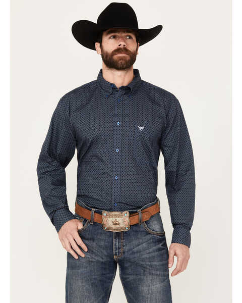 Cowboy Hardware Men's Circle Star Print Long Sleeve Button Down Shirt, Navy, hi-res