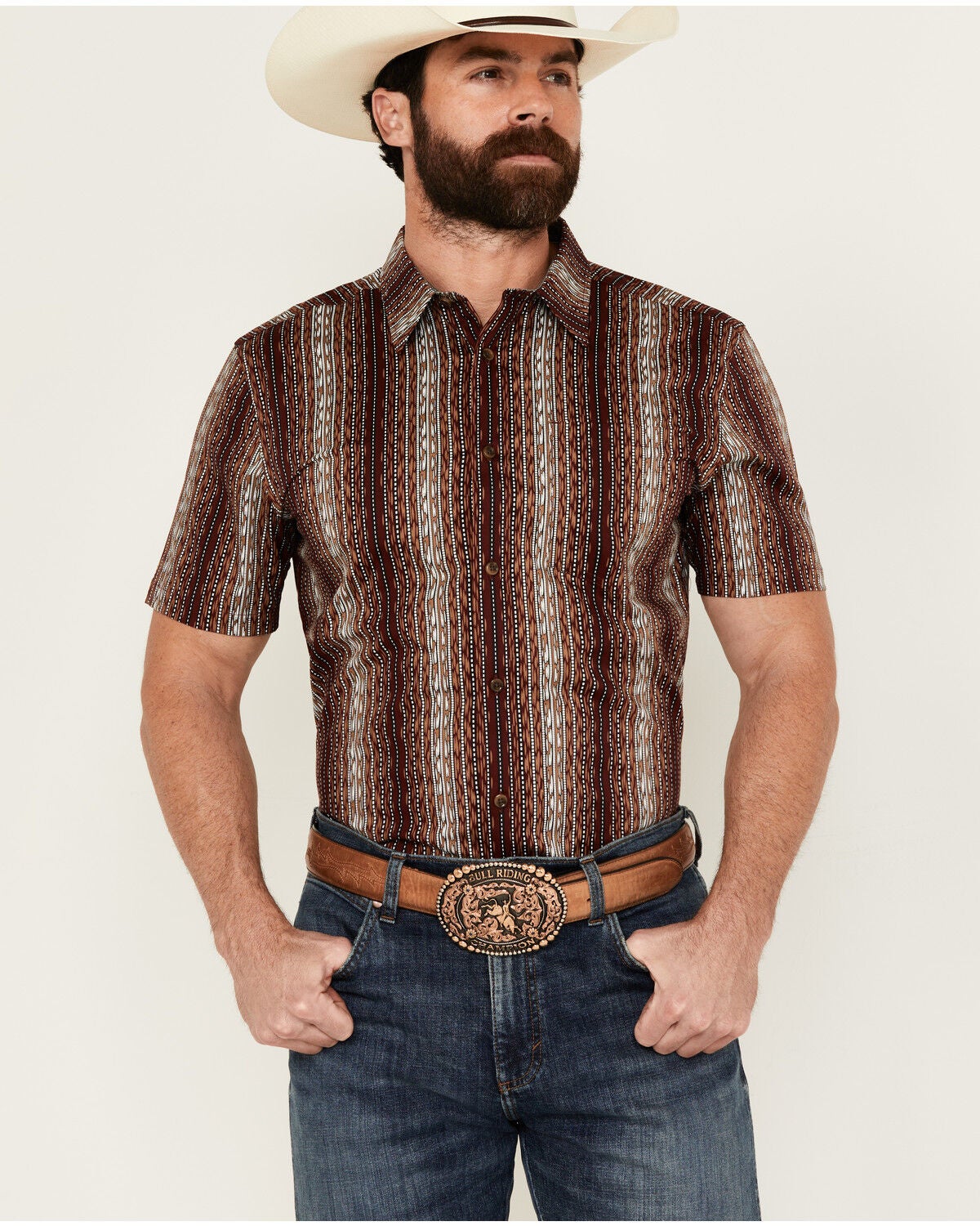 Image #1 - Cody James Men's Wood Cut Southwestern Striped Short Sleeve Button-Down Stretch Western Shirt, Burgundy, hi-res