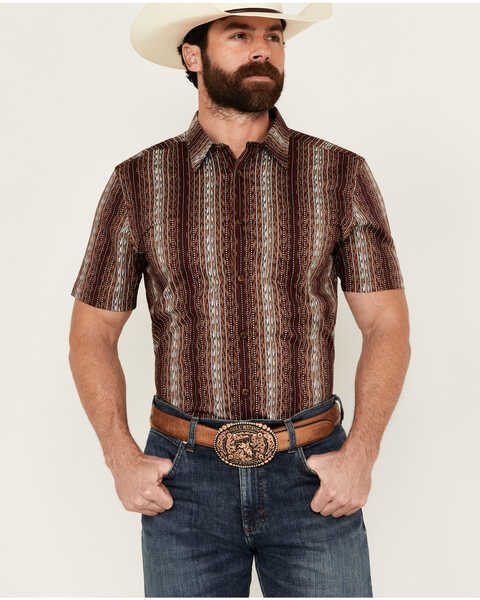 Cody James Men's Wood Cut Southwestern Striped Short Sleeve Button-Down Stretch Western Shirt, Burgundy, hi-res