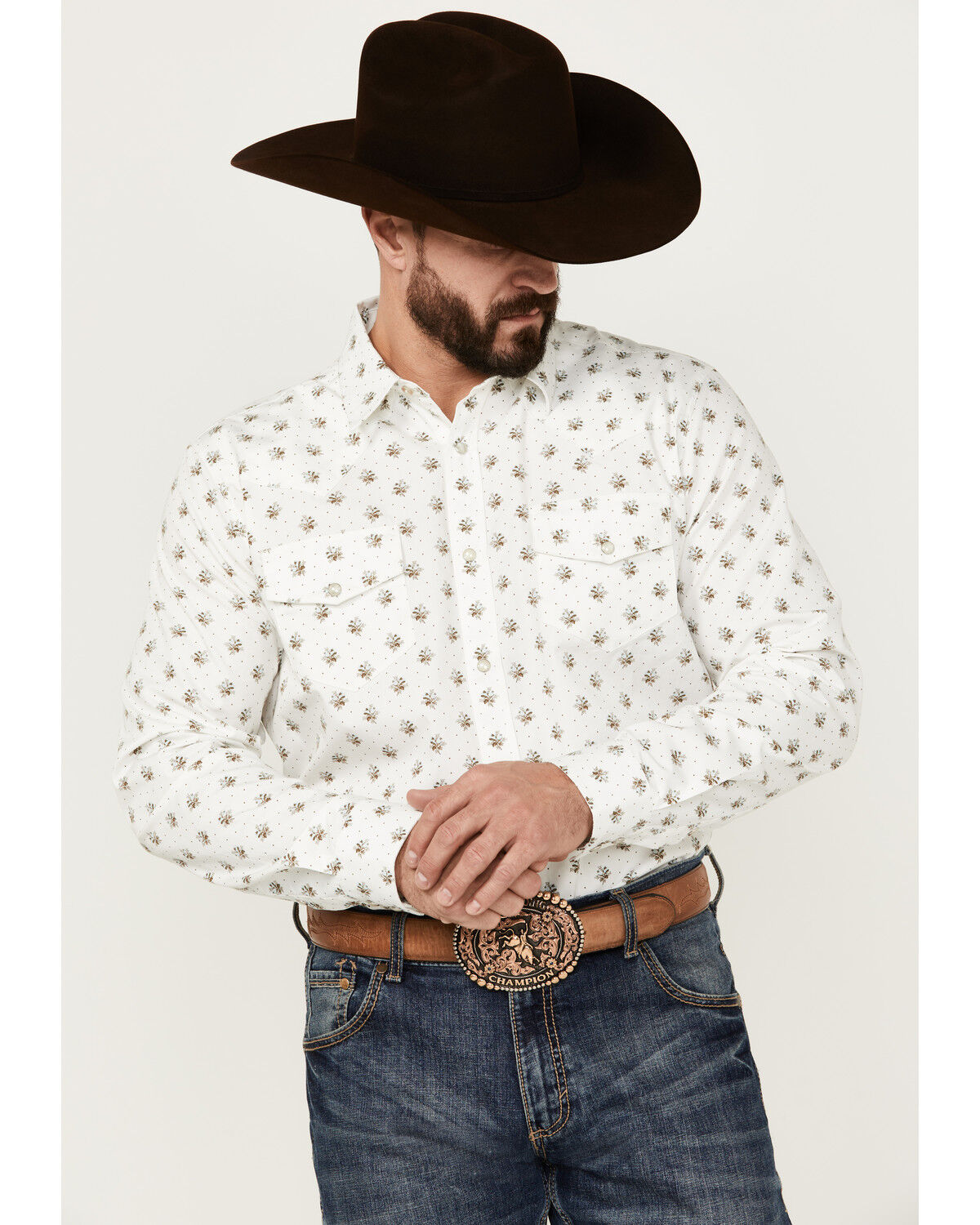 Image #1 - Gibson Trading Co Men's Conrad Floral Print Long Sleeve Pearl Snap Western Shirt, White, hi-res