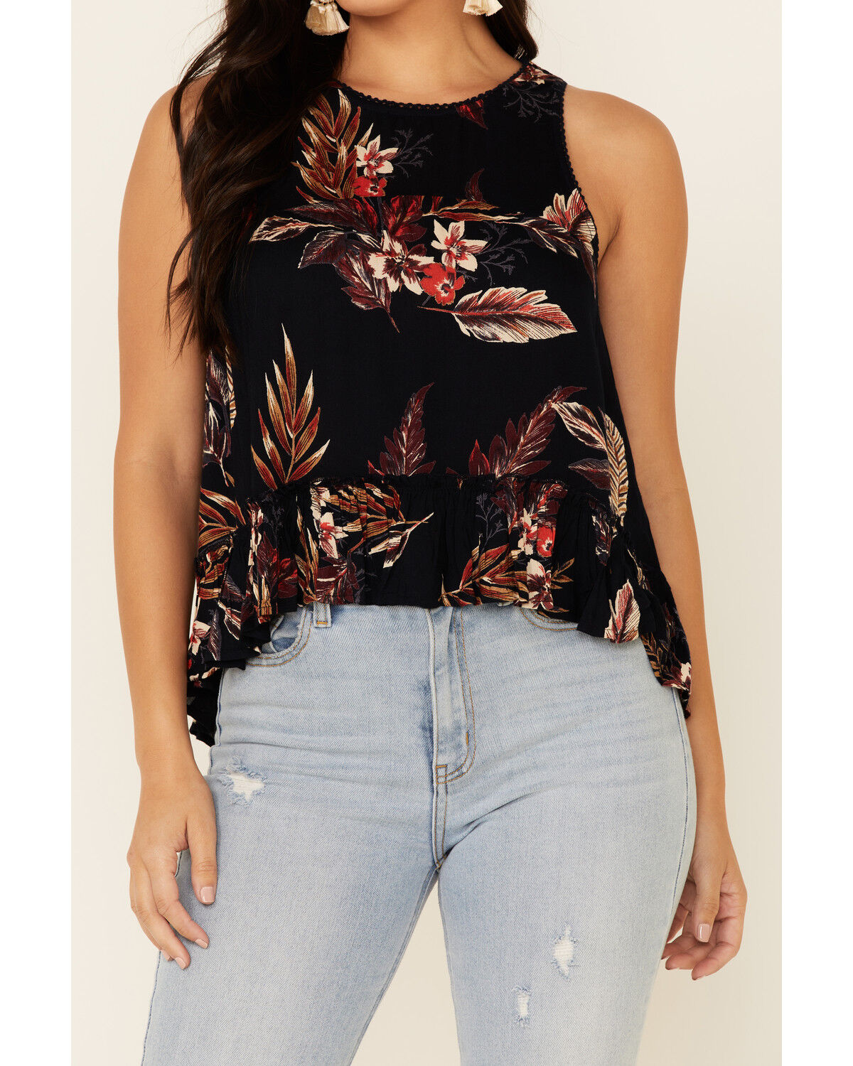 Image #3 - Patrons Of Peace Women's Floral Print Ruffle Trim Tank Top, Black, hi-res