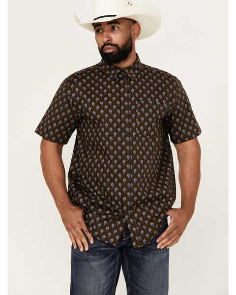 Cody James Men's Lampshade Paisley Print Short Sleeve Button-Down Stretch Western Shirt , Brown, hi-res