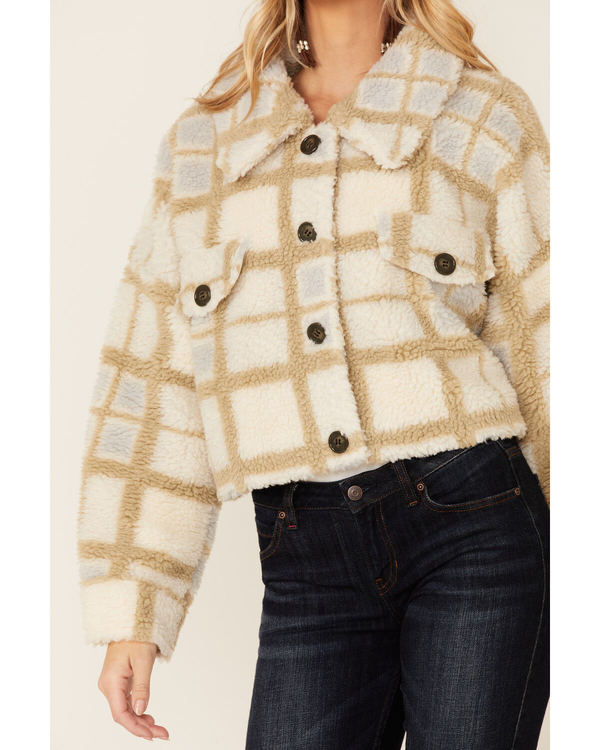 Image #2 - Vigoss Women's Ivory Grid Print Cropped Sherpa Jacket, Ivory, hi-res